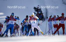 23.02.2014, Sochi, Russia (RUS): Roland Clara (ITA), Johan Olsson (SWE), Dario Cologna (SUI), (l-r) - XXII. Olympic Winter Games Sochi 2014, cross-country, 50km men, Sochi (RUS). www.nordicfocus.com. © NordicFocus. Every downloaded picture is fee-liable.