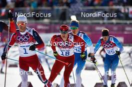 23.02.2014, Sochi, Russia (RUS): Martin Johnsrud Sundby (NOR), Dario Cologna (SUI), Iivo Niskanen (FIN), Lari Lehtonen (FIN), (l-r) - XXII. Olympic Winter Games Sochi 2014, cross-country, 50km men, Sochi (RUS). www.nordicfocus.com. © NordicFocus. Every downloaded picture is fee-liable.