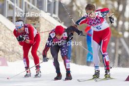 23.02.2014, Sochi, Russia (RUS): Curdin Perl (SUI), Noah Hoffman (USA), Petter Northug (NOR) - XXII. Olympic Winter Games Sochi 2014, cross-country, 50km men, Sochi (RUS). www.nordicfocus.com. © NordicFocus. Every downloaded picture is fee-liable.