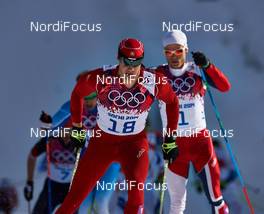 23.02.2014, Sochi, Russia (RUS): Dario Cologna (SUI), Martin Johnsrud Sundby (NOR), (l-r) - XXII. Olympic Winter Games Sochi 2014, cross-country, 50km men, Sochi (RUS). www.nordicfocus.com. © NordicFocus. Every downloaded picture is fee-liable.