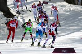 23.02.2014, Sochi, Russia (RUS): (l-r) Toni Livers (SUI), Rossignol, Swix, Rottefella, Odlo, Sergei Dolidovich (BLR), Lari Lehtonen (FIN), Fischer, One Way, Rottefella, Craft and Tord Asle Gjerdalen (NOR), Atomic, One Way, Salomon, Swix, Skigo - XXII. Olympic Winter Games Sochi 2014, cross-country, 50km men, Sochi (RUS). www.nordicfocus.com. © NordicFocus. Every downloaded picture is fee-liable.