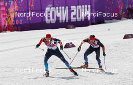 23.02.2014, Sochi, Russia (RUS): (l-r) Alexander Legkov (RUS), Rossignol, Swix, Rottefella, Adidas and Maxim Vylegzhanin (RUS), Fischer, Swix, Alpina, Rottefella, Adidas - XXII. Olympic Winter Games Sochi 2014, cross-country, 50km men, Sochi (RUS). www.nordicfocus.com. © NordicFocus. Every downloaded picture is fee-liable.