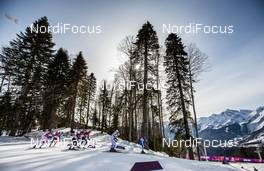 23.02.2014, Sochi, Russia (RUS): skiers in a curve - XXII. Olympic Winter Games Sochi 2014, cross-country, 50km men, Sochi (RUS). www.nordicfocus.com. © NordicFocus. Every downloaded picture is fee-liable.