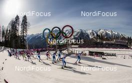23.02.2014, Sochi, Russia (RUS): group of skiers during the first lap - XXII. Olympic Winter Games Sochi 2014, cross-country, 50km men, Sochi (RUS). www.nordicfocus.com. © NordicFocus. Every downloaded picture is fee-liable.