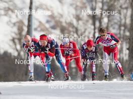 23.02.2014, Sochi, Russia (RUS): Tord Asle Gjerdalen (NOR), Ilia Chernousov (RUS), Curdin Perl (SUI), Petter Northug (NOR) - XXII. Olympic Winter Games Sochi 2014, cross-country, 50km men, Sochi (RUS). www.nordicfocus.com. © NordicFocus. Every downloaded picture is fee-liable.