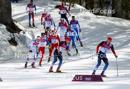 23.02.2014, Sochi, Russia (RUS): Alexander Legkov (RUS), Rossignol, Swix, Rottefella, Adidas followed by Maxim Vylegzhanin (RUS), Fischer, Swix, Alpina, Rottefella, Adidas and Robin Duvillard (FRA), Rossignol, One Way - XXII. Olympic Winter Games Sochi 2014, cross-country, 50km men, Sochi (RUS). www.nordicfocus.com. © NordicFocus. Every downloaded picture is fee-liable.