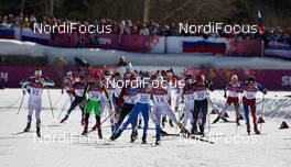23.02.2014, Sochi, Russia (RUS): Anders Soedergren (SWE), Michail Semenov (BLR), Alexander Legkov (RUS), Roland Clara (ITA), Johan Olsson (SWE), Noah Hoffman (USA), Lukas Bauer (CZE), (l-r) - XXII. Olympic Winter Games Sochi 2014, cross-country, 50km men, Sochi (RUS). www.nordicfocus.com. © NordicFocus. Every downloaded picture is fee-liable.