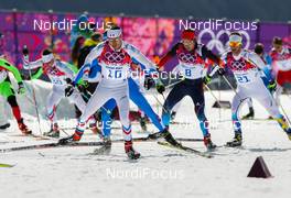 23.02.2014, Sochi, Russia (RUS): (l-r) Robin Duvillard (FRA), Rossignol, One Way, Ilia Chernousov (RUS), Rossignol, Swix, Rottefella, Adidas and Anders Soedergren (SWE), Fischer, One Way, Salomon, Craft - XXII. Olympic Winter Games Sochi 2014, cross-country, 50km men, Sochi (RUS). www.nordicfocus.com. © NordicFocus. Every downloaded picture is fee-liable.