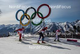 23.02.2014, Sochi, Russia (RUS): (l-r) Dario Cologna (SUI), Fischer, Swix, Alpina, Rottefella, Odlo, Maxim Vylegzhanin (RUS), Fischer, Swix, Alpina, Rottefella, Adidas and Martin Johnsrud Sundby (NOR), Fischer, KV+, Rottefella, Swix - XXII. Olympic Winter Games Sochi 2014, cross-country, 50km men, Sochi (RUS). www.nordicfocus.com. © NordicFocus. Every downloaded picture is fee-liable.