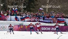 23.02.2014, Sochi, Russia (RUS): Maxim Vylegzhanin (RUS), Alexander Legkov (RUS), Martin Johnsrud Sundby (NOR), Ilia Chernousov (RUS), (l-r) - XXII. Olympic Winter Games Sochi 2014, cross-country, 50km men, Sochi (RUS). www.nordicfocus.com. © NordicFocus. Every downloaded picture is fee-liable.