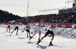 23.02.2014, Sochi, Russia (RUS): Martin Moeller (DAN), Arnd Peiffer (GER), Erik Lesser (GER), Graeme Killick (CAN), Axel Teichmann (GER), (l-r) - XXII. Olympic Winter Games Sochi 2014, cross-country, 50km men, Sochi (RUS). www.nordicfocus.com. © NordicFocus. Every downloaded picture is fee-liable.