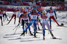 23.02.2014, Sochi, Russia (RUS): Alexander Legkov (RUS), Roland Clara (ITA), Johan Olsson (SWE), (l-r) - XXII. Olympic Winter Games Sochi 2014, cross-country, 50km men, Sochi (RUS). www.nordicfocus.com. © NordicFocus. Every downloaded picture is fee-liable.