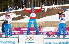 23.02.2014, Sochi, Russia (RUS): Maxim Vylegzhanin (RUS), Alexander Legkov (RUS), Ilia Chernousov (RUS), (l-r) - XXII. Olympic Winter Games Sochi 2014, cross-country, 50km men, Sochi (RUS). www.nordicfocus.com. © NordicFocus. Every downloaded picture is fee-liable.