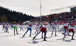23.02.2014, Sochi, Russia (RUS): Sergei Dolidovich (BLR), Francesco De Fabiani (ITA), Petter Northug (NOR), Ivan Perrillat Boiteux (FRA), Martin Jaks (CZE), Tord Asle Gjerdalen (NOR), (l-r) - XXII. Olympic Winter Games Sochi 2014, cross-country, 50km men, Sochi (RUS). www.nordicfocus.com. © NordicFocus. Every downloaded picture is fee-liable.