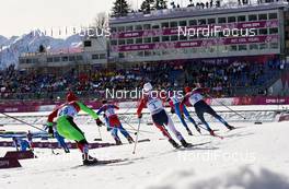 23.02.2014, Sochi, Russia (RUS): Michail Semenov (BLR), Lukas Bauer (CZE), Martin Johnsrud Sundby (NOR), Matti Heikkinen (FIN), Alexander Legkov (RUS), (l-r) - XXII. Olympic Winter Games Sochi 2014, cross-country, 50km men, Sochi (RUS). www.nordicfocus.com. © NordicFocus. Every downloaded picture is fee-liable.