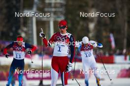 11.02.2014, Sochi, Russia (RUS): Nikita Kriukov (RUS), Ola Vigen Hattestad (NOR), Calle Halfvarsson (SWE), (l-r) - XXII. Olympic Winter Games Sochi 2014, cross-country, individual sprint, Sochi (RUS). www.nordicfocus.com. © NordicFocus. Every downloaded picture is fee-liable.