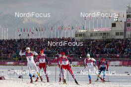 11.02.2014, Sochi, Russia (RUS): Teodor Peterson (SWE), Anders Gloersen (NOR), Ola Vigen Hattestad (NOR), Marcus Hellner (SWE), Anton Gafarov (RUS) - XXII. Olympic Winter Games Sochi 2014, cross-country, individual sprint, Sochi (RUS). www.nordicfocus.com. © NordicFocus. Every downloaded picture is fee-liable.