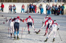 11.02.2014, Sochi, Russia (RUS): Marcus Hellner (SWE), Sergey Ustiugov (RUS), Ola Vigen Hattestad (NOR), Teodor Peterson (SWE), Anders Gloersen (NOR), Emil Joensson (SWE) - XXII. Olympic Winter Games Sochi 2014, cross-country, individual sprint, Sochi (RUS). www.nordicfocus.com. © NordicFocus. Every downloaded picture is fee-liable.