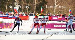 11.02.2014, Sochi, Russia (RUS): Andrew Newell (USA), Anders Gloeersen (NOR), Eirik Brandsdal (NOR), Renaud Jay (FRA), (l-r) - XXII. Olympic Winter Games Sochi 2014, cross-country, individual sprint, Sochi (RUS). www.nordicfocus.com. © NordicFocus. Every downloaded picture is fee-liable.