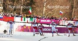 11.02.2014, Sochi, Russia (RUS): Teodor Peterson (SWE), Ola Vigen Hattestad (NOR), Anders Gloeersen (NOR), Marcus Hellner (SWE), Eirik Brandsdal (NOR), (l-r) - XXII. Olympic Winter Games Sochi 2014, cross-country, individual sprint, Sochi (RUS). www.nordicfocus.com. © NordicFocus. Every downloaded picture is fee-liable.