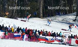 16.02.2014, Sochi, Russia (RUS): Tobias Angerer (GER), Martin Johnsrud Sundby (NOR), Roland Clara (ITA), Alexander Legkov (RUS), (l-r) - XXII. Olympic Winter Games Sochi 2014, cross-country, 4x10km men, Sochi (RUS). www.nordicfocus.com. © NordicFocus. Every downloaded picture is fee-liable.