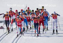 16.02.2014, Sochi, Russia (RUS): Eldar Roenning (NOR), Dmitriy Japarov (RUS), Dietmar Noeckler (ITA), Curdin Perl (SUI), Jens Filbrich (GER), Sami Jauhojaervi (FIN) - XXII. Olympic Winter Games Sochi 2014, cross-country, 4x10km men, Sochi (RUS). www.nordicfocus.com. © NordicFocus. Every downloaded picture is fee-liable.