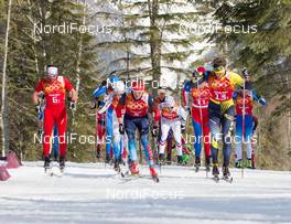 16.02.2014, Sochi, Russia (RUS): Curdin Perl (SUI), Dmitriy Japarov (RUS), Denis Volotka (KAZ)  - XXII. Olympic Winter Games Sochi 2014, cross-country, 4x10km men, Sochi (RUS). www.nordicfocus.com. © NordicFocus. Every downloaded picture is fee-liable.