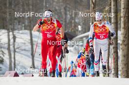 16.02.2014, Sochi, Russia (RUS): Curdin Perl (SUI) and Lars Nelson (SWE) lead the field - XXII. Olympic Winter Games Sochi 2014, cross-country, 4x10km men, Sochi (RUS). www.nordicfocus.com. © NordicFocus. Every downloaded picture is fee-liable.