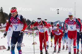 09.02.2014, Sochi, Russia (RUS): Maxim Vylegzhanin (RUS), Dario Cologna (SUI), Petter Northug (NOR) - XXII. Olympic Winter Games Sochi 2014, cross-country, skiathlon men, Sochi (RUS). www.nordicfocus.com. © NordicFocus. Every downloaded picture is fee-liable.