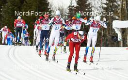 09.02.2014, Sochi, Russia (RUS): Maxim Vylegzhanin (RUS), Lars Nelson (SWE), Johannes Duerr (AUT), Dario Cologna (SUI), Marcus Hellner (SWE), (l-r) - XXII. Olympic Winter Games Sochi 2014, cross-country, skiathlon men, Sochi (RUS). www.nordicfocus.com. © NordicFocus. Every downloaded picture is fee-liable.