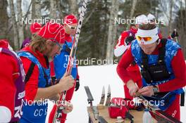 09.02.2014, Sochi, Russia (RUS): Event Feature: Sergio Favre (ITA) and his team prepare the swiss skis - XXII. Olympic Winter Games Sochi 2014, cross-country, skiathlon men, Sochi (RUS). www.nordicfocus.com. © NordicFocus. Every downloaded picture is fee-liable.