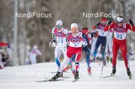 09.02.2014, Sochi, Russia (RUS): Marcus Hellner (SWE), Maxim Vylegzhanin (RUS), Martin Johnsrud Sundby (NOR), Dario Cologna (SUI) - XXII. Olympic Winter Games Sochi 2014, cross-country, skiathlon men, Sochi (RUS). www.nordicfocus.com. © NordicFocus. Every downloaded picture is fee-liable.