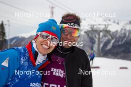 09.02.2014, Sochi, Russia (RUS): Isabel Knauthe (GER), Coach cross-country team Russia and Andy Mettler (SUI) - XXII. Olympic Winter Games Sochi 2014, cross-country, skiathlon men, Sochi (RUS). www.nordicfocus.com. © NordicFocus. Every downloaded picture is fee-liable.