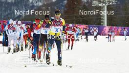 09.02.2014, Sochi, Russia (RUS): Alexander Legkov (RUS), Hannes Dotzler (GER), Alexey Poltoranin (KAZ), (l-r) - XXII. Olympic Winter Games Sochi 2014, cross-country, skiathlon men, Sochi (RUS). www.nordicfocus.com. © NordicFocus. Every downloaded picture is fee-liable.