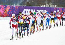 09.02.2014, Sochi, Russia (RUS): Martin Johnsrud Sundby (NOR), Alexey Poltoranin (KAZ), Alexander Legkov (RUS), Lars Nelson (SWE), (l-r) - XXII. Olympic Winter Games Sochi 2014, cross-country, skiathlon men, Sochi (RUS). www.nordicfocus.com. © NordicFocus. Every downloaded picture is fee-liable.
