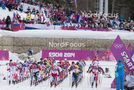 09.02.2014, Sochi, Russia (RUS): Alex Harvey (CAN), Alexander Legkov (RUS), Martin Johnsrud Sundby (NOR), Alexey Poltoranin (KAZ), Petter Northug (NOR) - XXII. Olympic Winter Games Sochi 2014, cross-country, skiathlon men, Sochi (RUS). www.nordicfocus.com. © NordicFocus. Every downloaded picture is fee-liable.