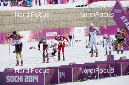 09.02.2014, Sochi, Russia (RUS): Hannes Dotzler (GER), Johannes Duerr (AUT), Dario Cologna (SUI), Marcus Hellner (SWE) - XXII. Olympic Winter Games Sochi 2014, cross-country, skiathlon men, Sochi (RUS). www.nordicfocus.com. © NordicFocus. Every downloaded picture is fee-liable.