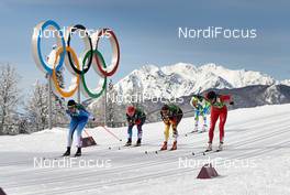 19.02.2014, Sochi, Russia (RUS): Kerttu Niskanen (FIN), Julia Ivanova (RUS), Denise Herrmann (GER), Katja Visnar (SLO), Justyna Kowalczyk (POL), (l-r) - XXII. Olympic Winter Games Sochi 2014, cross-country, team sprint, Sochi (RUS). www.nordicfocus.com. © NordicFocus. Every downloaded picture is fee-liable.