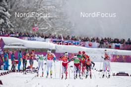 19.02.2014, Sochi, Russia (RUS): Ida Ingemarsdotter (SWE), Svetlana Nikolaeva (RUS), Serguei Novikov (RUS), Stina Nilson (SWE), Marit Bjoergen (NOR), Ingvild Flugstad Oestberg (NOR) - XXII. Olympic Winter Games Sochi 2014, cross-country, team sprint, Sochi (RUS). www.nordicfocus.com. © NordicFocus. Every downloaded picture is fee-liable.