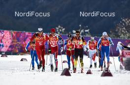 19.02.2014, Sochi, Russia (RUS): Federico Pellegrino (ITA), Dario Cologna (SUI), Ola Vigen Hattestad (NOR), Hannes Dotzler (GER), Devon Kershaw (CAN), Peeter Kummel (EST), (l-r) - XXII. Olympic Winter Games Sochi 2014, cross-country, team sprint, Sochi (RUS). www.nordicfocus.com. © NordicFocus. Every downloaded picture is fee-liable.