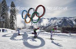19.02.2014, Sochi, Russia (RUS): Stina Nilsson (SWE), Kikkan Randall (USA), Marit Bjoergen (NOR), (l-r) - XXII. Olympic Winter Games Sochi 2014, cross-country, team sprint, Sochi (RUS). www.nordicfocus.com. © NordicFocus. Every downloaded picture is fee-liable.