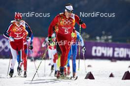 19.02.2014, Sochi, Russia (RUS): Ola Vigen Hattestad (NOR), Dario Cologna (SUI), (l-r) - XXII. Olympic Winter Games Sochi 2014, cross-country, team sprint, Sochi (RUS). www.nordicfocus.com. © NordicFocus. Every downloaded picture is fee-liable.