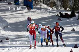 19.02.2014, Sochi, Russia (RUS): Ingvild Flugstad Oestberg (NOR), Ida Ingemarsdotter (SWE), Sophie Caldwell (USA), (l-r) - XXII. Olympic Winter Games Sochi 2014, cross-country, team sprint, Sochi (RUS). www.nordicfocus.com. © NordicFocus. Every downloaded picture is fee-liable.