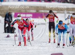 19.02.2014, Sochi, Russia (RUS): Ingvild Flugstad Oestberg (NOR), Aino Kaisa Saarinen (FIN), Stefanie Boehler (GER) - XXII. Olympic Winter Games Sochi 2014, cross-country, team sprint, Sochi (RUS). www.nordicfocus.com. © NordicFocus. Every downloaded picture is fee-liable.