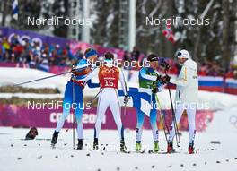 19.02.2014, Sochi, Russia (RUS): Iivo Niskanen (FIN), Emil Joensson (SWE), Sami Jauhojaervi (FIN), Teodor Peterson (SWE), (l-r) - XXII. Olympic Winter Games Sochi 2014, cross-country, team sprint, Sochi (RUS). www.nordicfocus.com. © NordicFocus. Every downloaded picture is fee-liable.