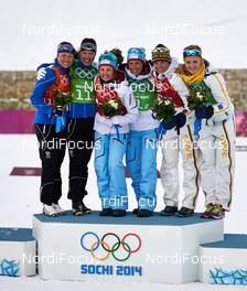 19.02.2014, Sochi, Russia (RUS): Aino-Kaisa Saarinen (FIN), Kerttu Niskanen (FIN), Ingvild Flugstad Oestberg (NOR), Marit Bjoergen (NOR), Ida Ingemarsdotter (SWE), Stina Nilsson (SWE), (l-r) - XXII. Olympic Winter Games Sochi 2014, cross-country, team sprint, Sochi (RUS). www.nordicfocus.com. © NordicFocus. Every downloaded picture is fee-liable.