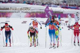 19.02.2014, Sochi, Russia (RUS): Anastasia Dotsenko (RUS), Stefanie Boehler (GER), Alenka Cebasek (SLO), Aino Kaisa Saarinen (FIN), Sylwia Jaskowiec (POL) - XXII. Olympic Winter Games Sochi 2014, cross-country, team sprint, Sochi (RUS). www.nordicfocus.com. © NordicFocus. Every downloaded picture is fee-liable.