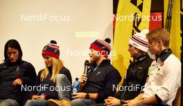 28.11.2014, Ruka, Finland (FIN): Fischer press conference at Ruka conference center, Marit Bjoergen (NOR), Therese Johaug (NOR), Martin Johnsrud Sundby (NOR), Jørgen Grabaak (NOR) - FIS world cup cross-country, training, Ruka (FIN). www.nordicfocus.com. © Felgenhauer/NordicFocus. Every downloaded picture is fee-liable.