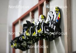 28.11.2014, Ruka, Finland (FIN): Salomon shoes in a waxing cabin - FIS world cup cross-country, training, Ruka (FIN). www.nordicfocus.com. © Laiho/NordicFocus. Every downloaded picture is fee-liable.
