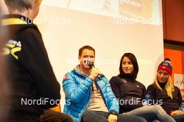 28.11.2014, Ruka, Finland (FIN): Fischer press conference at Ruka conference center with Dario Cologna (SUI), Marit Bjoergen (NOR), Therese Johaug (NOR) (l-r) - FIS world cup cross-country, training, Ruka (FIN). www.nordicfocus.com. © Felgenhauer/NordicFocus. Every downloaded picture is fee-liable.
